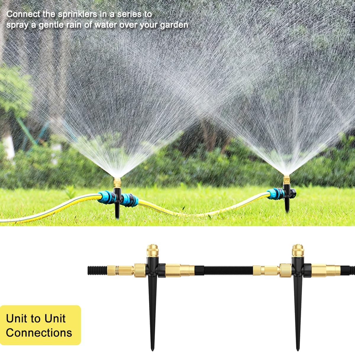 Metal Lawn Sprinkler for Yard, 2 Pack Automatic Garden Water Sprinkler on Spike Base, Adjustable Brass Sprinkler Nozzle 360 Degree Large Area Coverage for Lawn Grass Patio Garden Irrigation