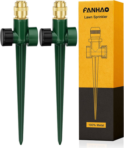Metal Lawn Sprinkler for Yard, 2 Pack Automatic Garden Water Sprinkler on Spike Base, Adjustable Brass Sprinkler Nozzle 360 Degree Large Area Coverage for Lawn Grass Patio Garden Irrigation