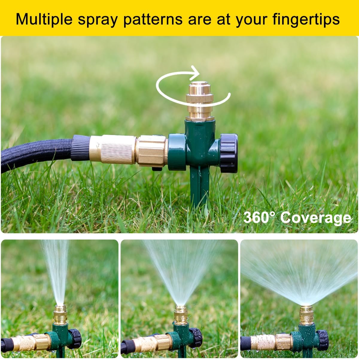 Metal Lawn Sprinkler for Yard, 2 Pack Automatic Garden Water Sprinkler on Spike Base, Adjustable Brass Sprinkler Nozzle 360 Degree Large Area Coverage for Lawn Grass Patio Garden Irrigation