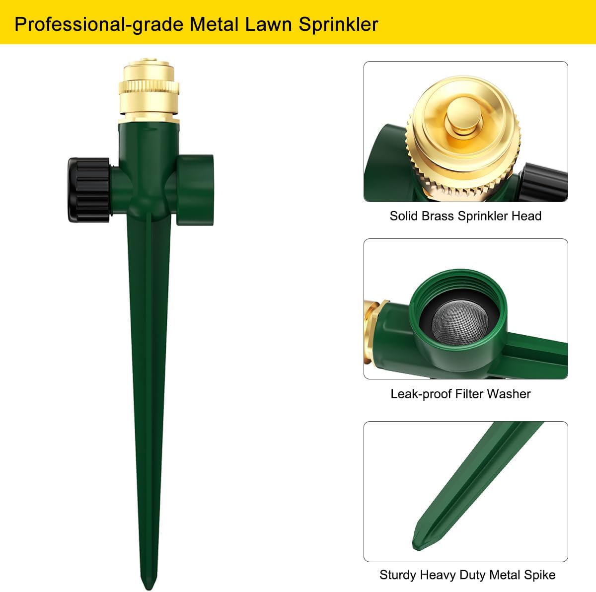 Metal Lawn Sprinkler for Yard, 2 Pack Automatic Garden Water Sprinkler on Spike Base, Adjustable Brass Sprinkler Nozzle 360 Degree Large Area Coverage for Lawn Grass Patio Garden Irrigation