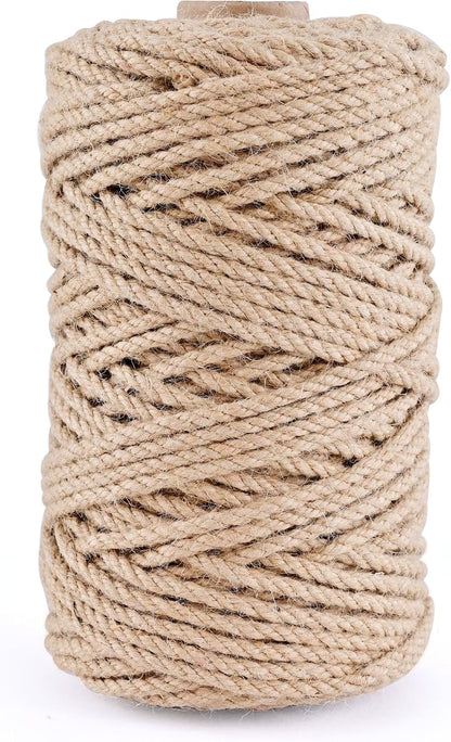 Natural Jute Twine 328ft 3mm,3Ply Twisted Thick Twine Rope Strong Jute String Roll for Crafts Gift Wrapping Gardening Home Decor Bundling Cat Scratching Post