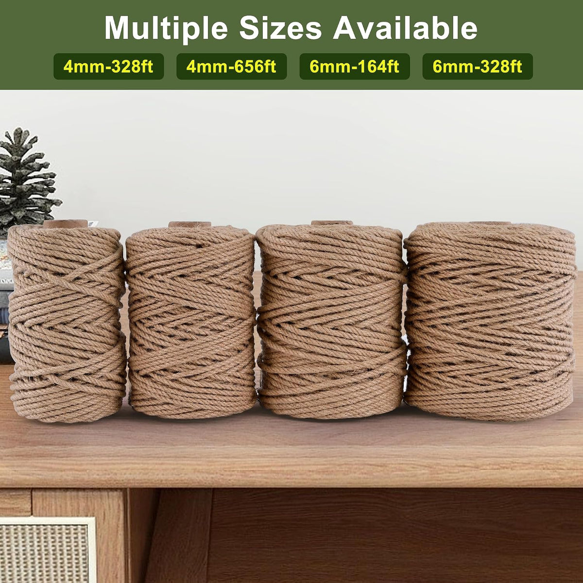Natural Jute Twine 328ft 3mm,3Ply Twisted Thick Twine Rope Strong Jute String Roll for Crafts Gift Wrapping Gardening Home Decor Bundling Cat Scratching Post