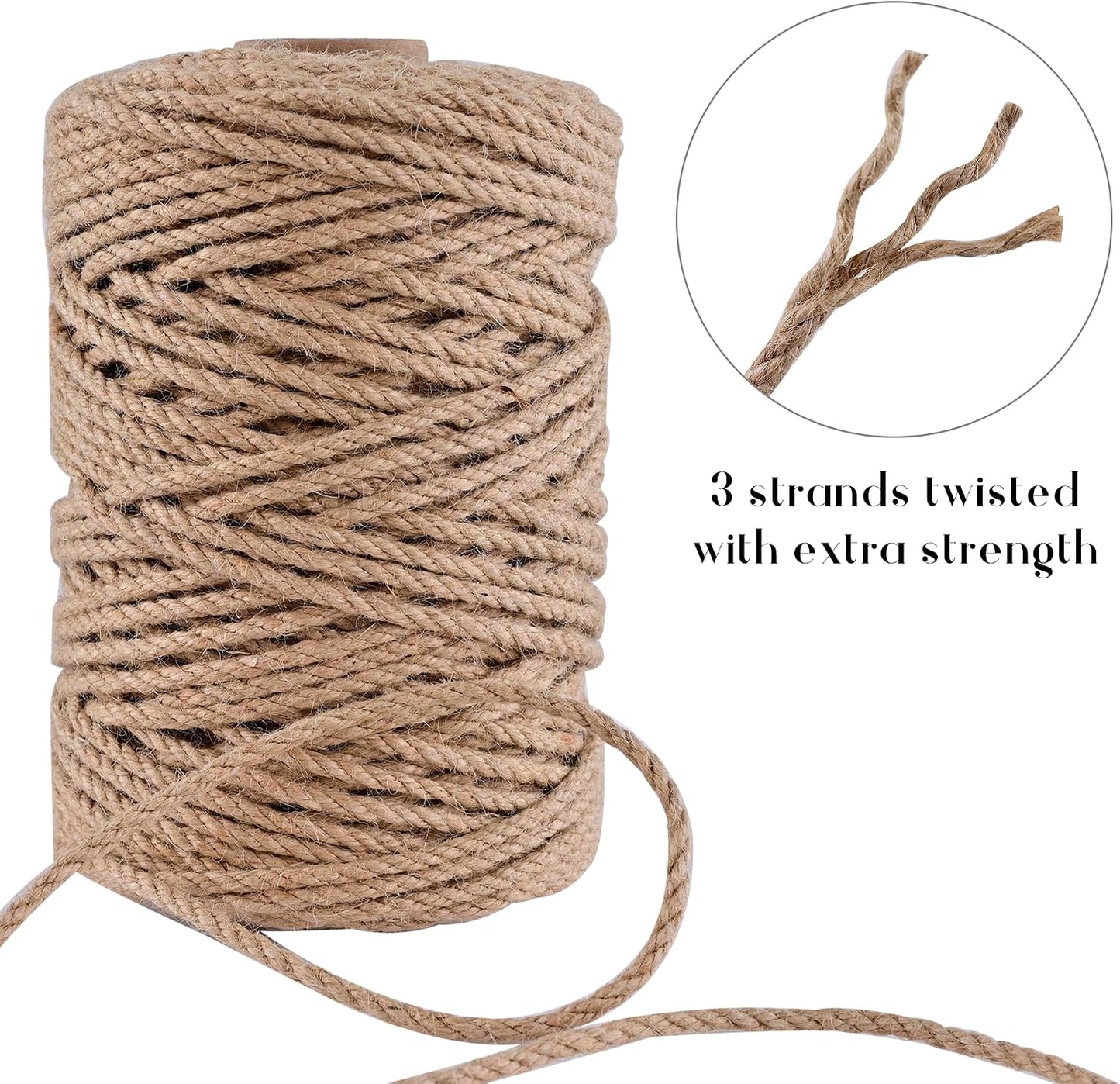 Natural Jute Twine 328ft 3mm,3Ply Twisted Thick Twine Rope Strong Jute String Roll for Crafts Gift Wrapping Gardening Home Decor Bundling Cat Scratching Post