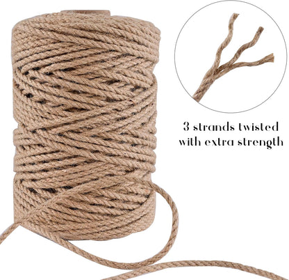 Natural Jute Twine 328ft 3mm,3Ply Twisted Thick Twine Rope Strong Jute String Roll for Crafts Gift Wrapping Gardening Home Decor Bundling Cat Scratching Post