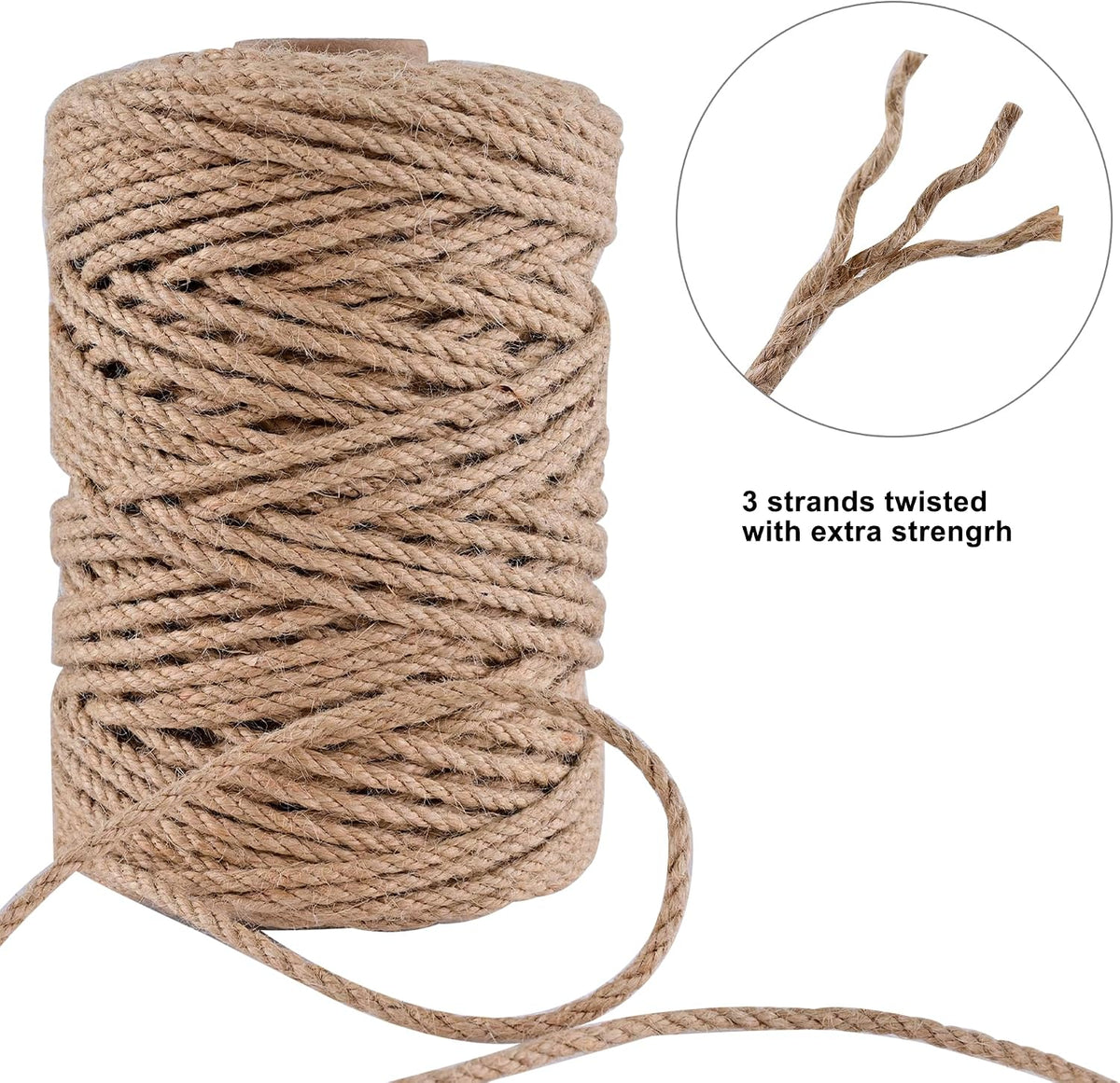 Natural Jute Twine 328ft 3mm,3Ply Twisted Thick Twine Rope Strong Jute String Roll for Crafts Gift Wrapping Gardening Home Decor Bundling Cat Scratching Post