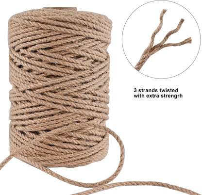 Natural Jute Twine 328ft 3mm,3Ply Twisted Thick Twine Rope Strong Jute String Roll for Crafts Gift Wrapping Gardening Home Decor Bundling Cat Scratching Post
