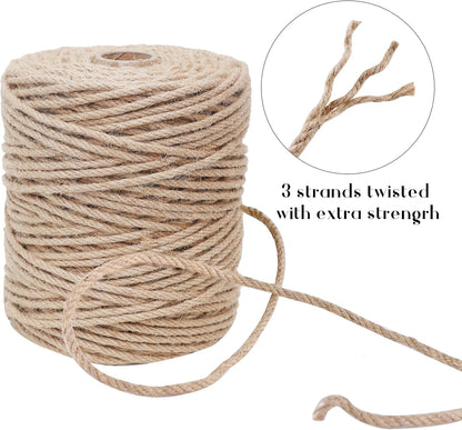 Natural Jute Twine 328ft 3mm,3Ply Twisted Thick Twine Rope Strong Jute String Roll for Crafts Gift Wrapping Gardening Home Decor Bundling Cat Scratching Post