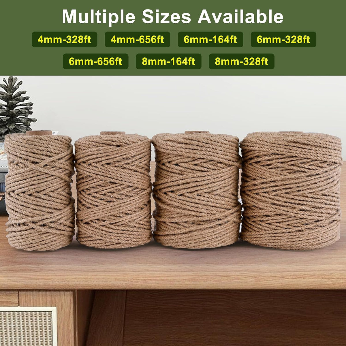 Natural Jute Twine 328ft 3mm,3Ply Twisted Thick Twine Rope Strong Jute String Roll for Crafts Gift Wrapping Gardening Home Decor Bundling Cat Scratching Post