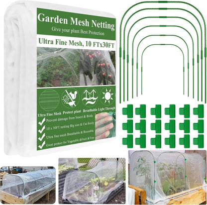 Garden Mesh Netting Kit, Plant Covers 10x30Ft Ultra Fine Mesh Netting & 6Pcs Garden Hoops &18 Clip, Garden Netting Kit for Raised Beds Plants Pest Barrier Greenhouse Row Cover Animal Protection Net