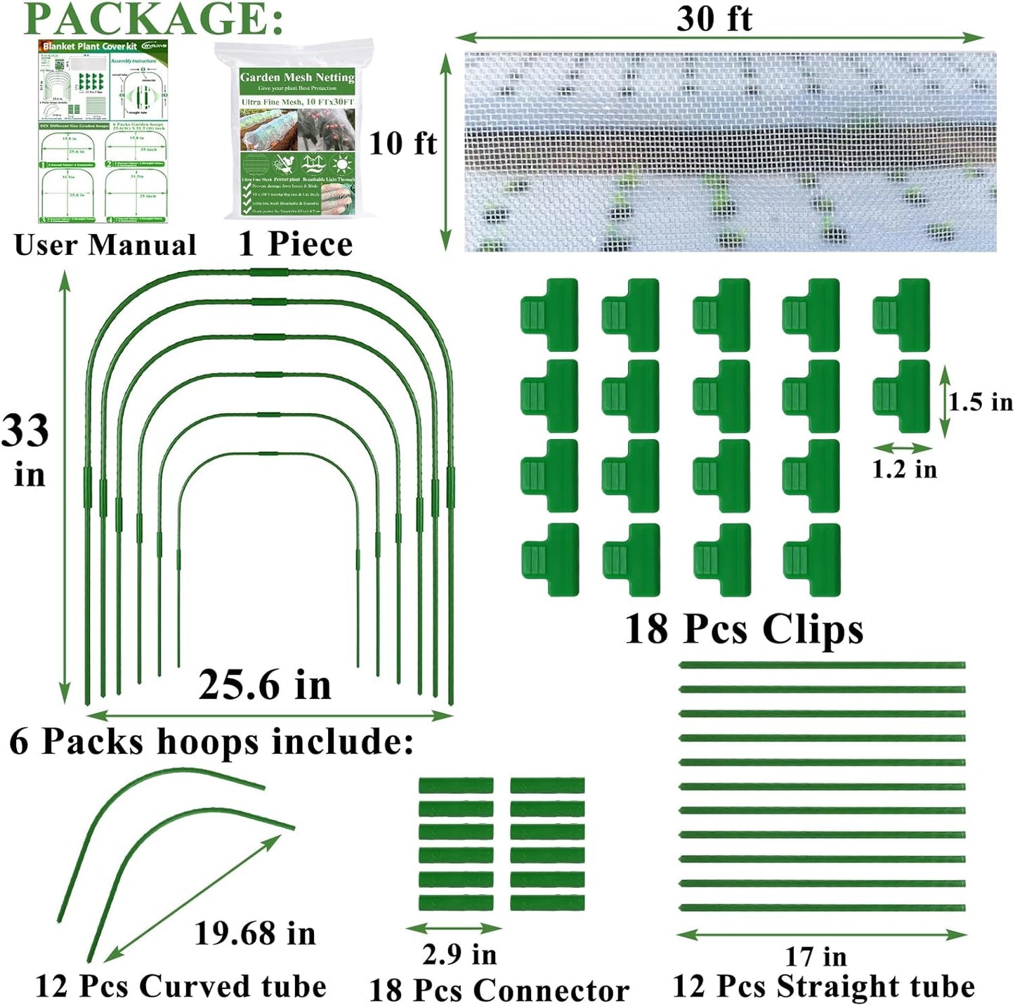 Garden Mesh Netting Kit, Plant Covers 10x30Ft Ultra Fine Mesh Netting & 6Pcs Garden Hoops &18 Clip, Garden Netting Kit for Raised Beds Plants Pest Barrier Greenhouse Row Cover Animal Protection Net