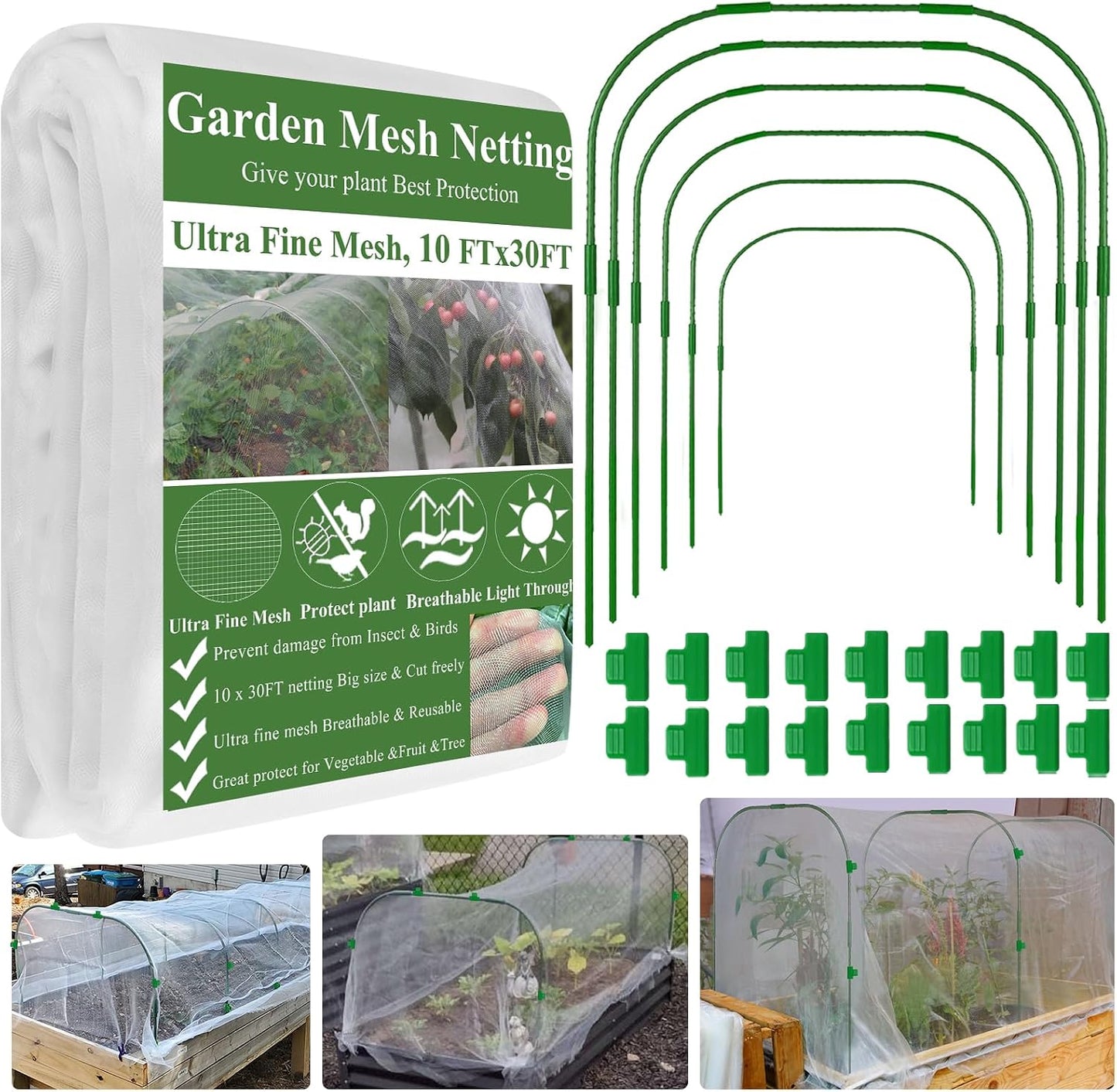 Garden Mesh Netting Kit, Plant Covers 10x30Ft Ultra Fine Mesh Netting & 6Pcs Garden Hoops &18 Clip, Garden Netting Kit for Raised Beds Plants Pest Barrier Greenhouse Row Cover Animal Protection Net