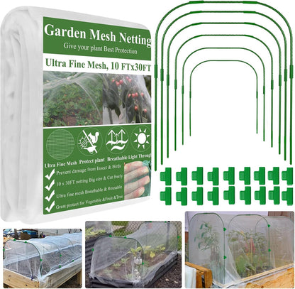 Garden Mesh Netting Kit, Plant Covers 10x30Ft Ultra Fine Mesh Netting & 6Pcs Garden Hoops &18 Clip, Garden Netting Kit for Raised Beds Plants Pest Barrier Greenhouse Row Cover Animal Protection Net