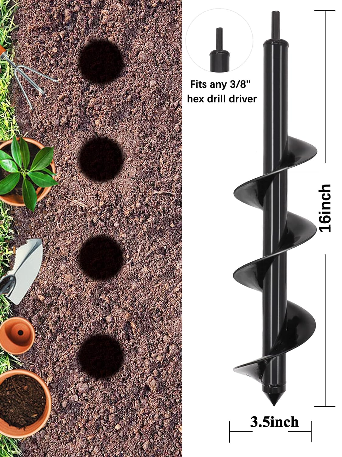 Auger Drill Bit for Planting - 1.6" x 16.5" Plant Auger for Cordless Drill - Bulb Planter Tool for Bulbs Planting&Holes Digging - 3/8" Hex Drive Drill