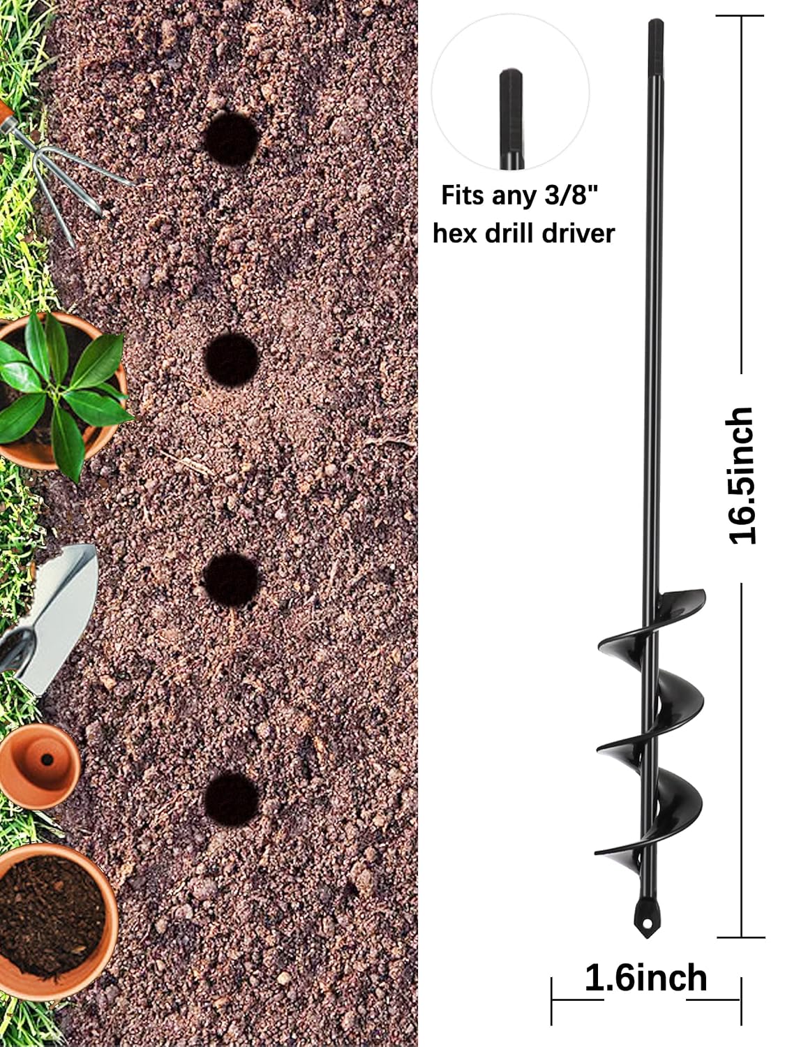 Auger Drill Bit for Planting - 1.6" x 16.5" Plant Auger for Cordless Drill - Bulb Planter Tool for Bulbs Planting&Holes Digging - 3/8" Hex Drive Drill