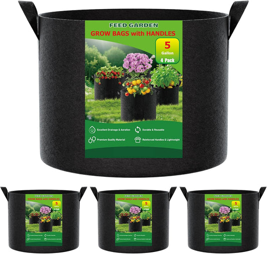 5 Gallon Grow Bags 4 Pack – 300G Thickened Non-Woven Fabric Pots Double-Stitched Handles, Foldable Breathable Drainage Planters for Herbs, Lettuce, Strawberries & Flowers, Indoor Outdoor