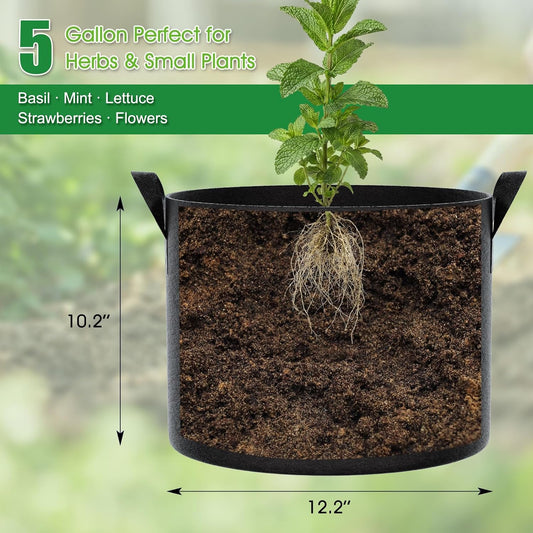 5 Gallon Grow Bags 4 Pack – 300G Thickened Non-Woven Fabric Pots Double-Stitched Handles, Foldable Breathable Drainage Planters for Herbs, Lettuce, Strawberries & Flowers, Indoor Outdoor