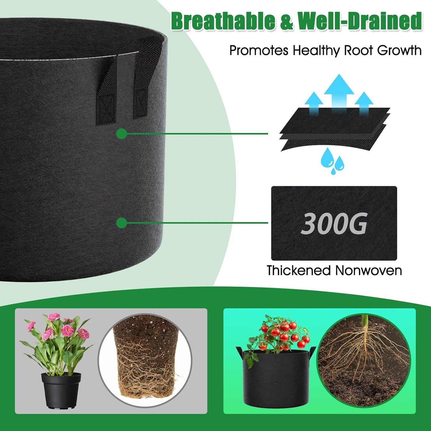 5 Gallon Grow Bags 4 Pack – 300G Thickened Non-Woven Fabric Pots Double-Stitched Handles, Foldable Breathable Drainage Planters for Herbs, Lettuce, Strawberries & Flowers, Indoor Outdoor