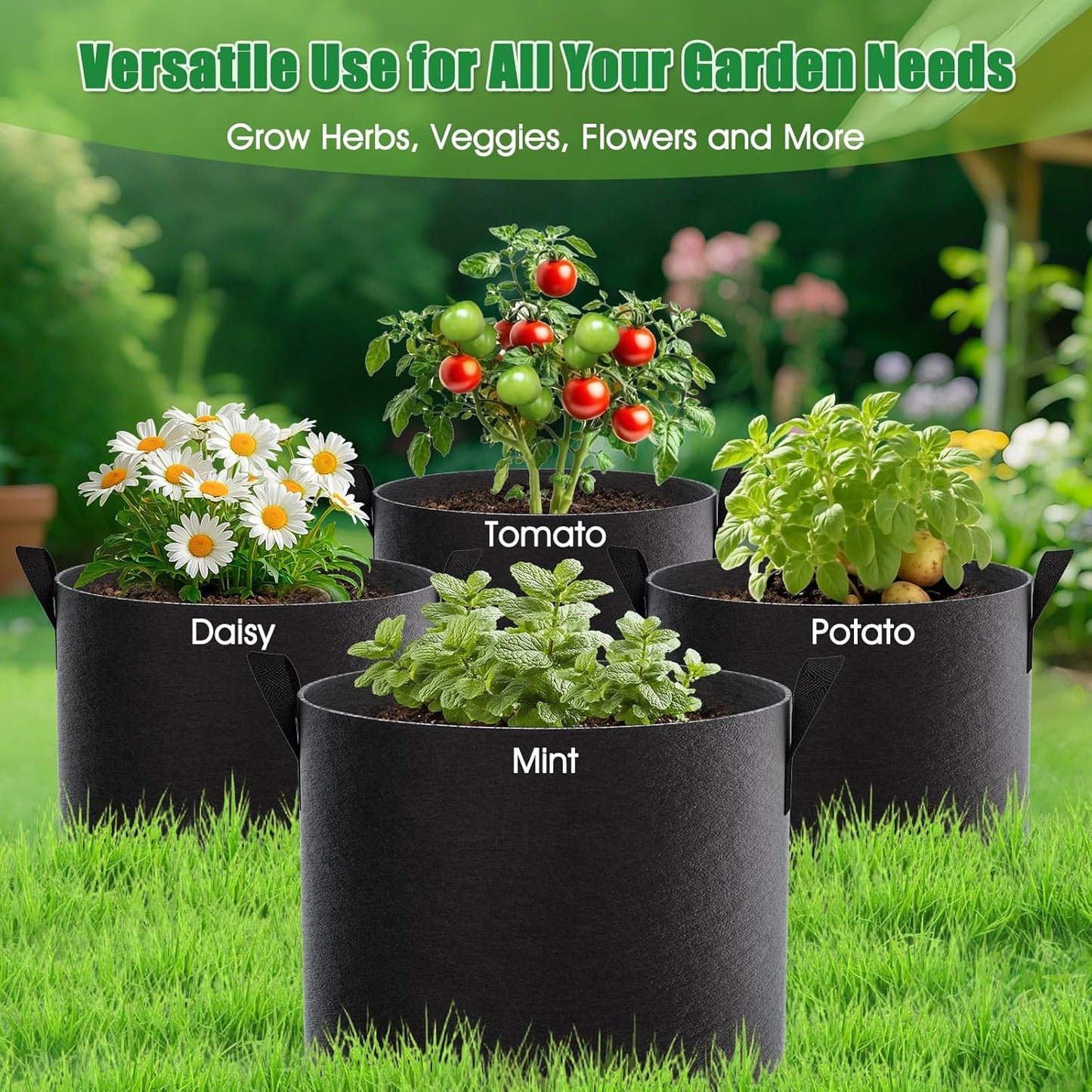 5 Gallon Grow Bags 4 Pack – 300G Thickened Non-Woven Fabric Pots Double-Stitched Handles, Foldable Breathable Drainage Planters for Herbs, Lettuce, Strawberries & Flowers, Indoor Outdoor