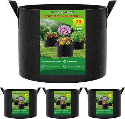5 Gallon Grow Bags 4 Pack – 300G Thickened Non-Woven Fabric Pots Double-Stitched Handles, Foldable Breathable Drainage Planters for Herbs, Lettuce, Strawberries & Flowers, Indoor Outdoor