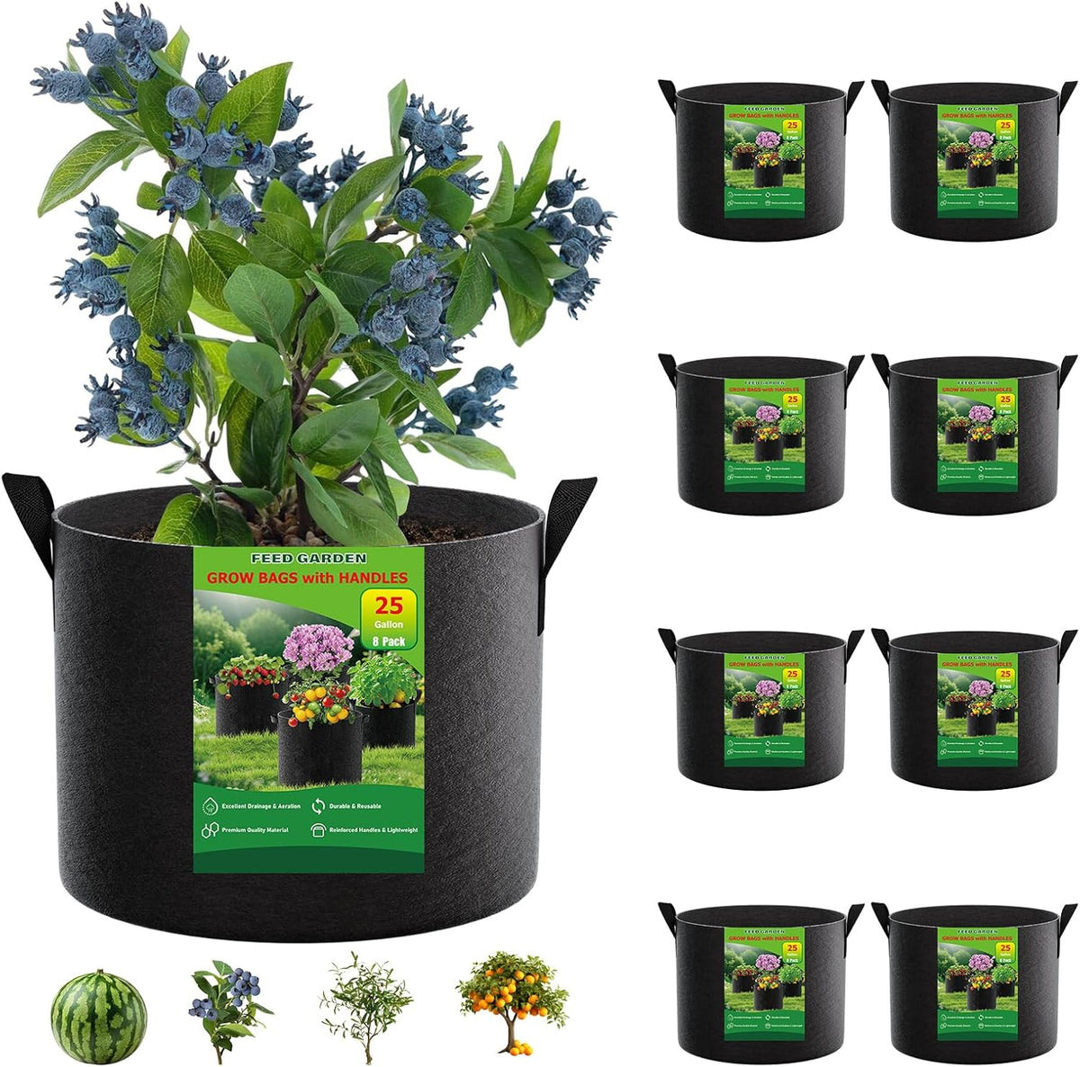 5 Gallon Grow Bags 4 Pack – 300G Thickened Non-Woven Fabric Pots Double-Stitched Handles, Foldable Breathable Drainage Planters for Herbs, Lettuce, Strawberries & Flowers, Indoor Outdoor
