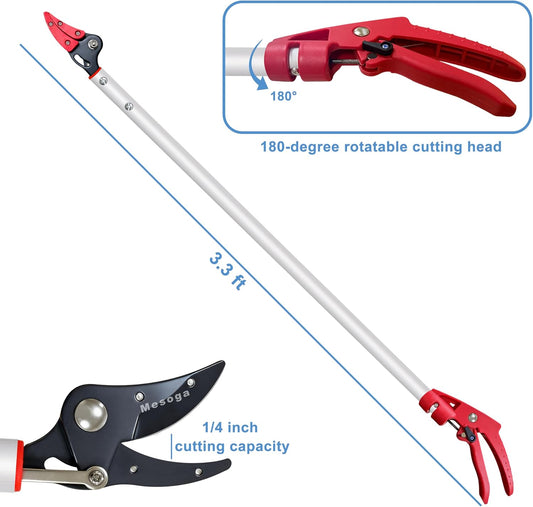 Tree Pruner, 3.3 FT Long Reach Pruner with SK5 Steel Blade, Aluminum Pole Tree Trimmer, Fruit Picking Tool, Bypass Pruner
