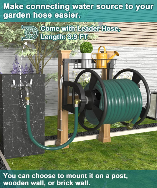 Outdoor Wall Mounted Hose Reel with Hook, Garden Heavy-Duty Water Holder Winder with 3.9 ft Leader Hoses, Brass Fitting and Storage Basket for Yard, Holds 125 Ft of 5/8-Inch Hose, Black