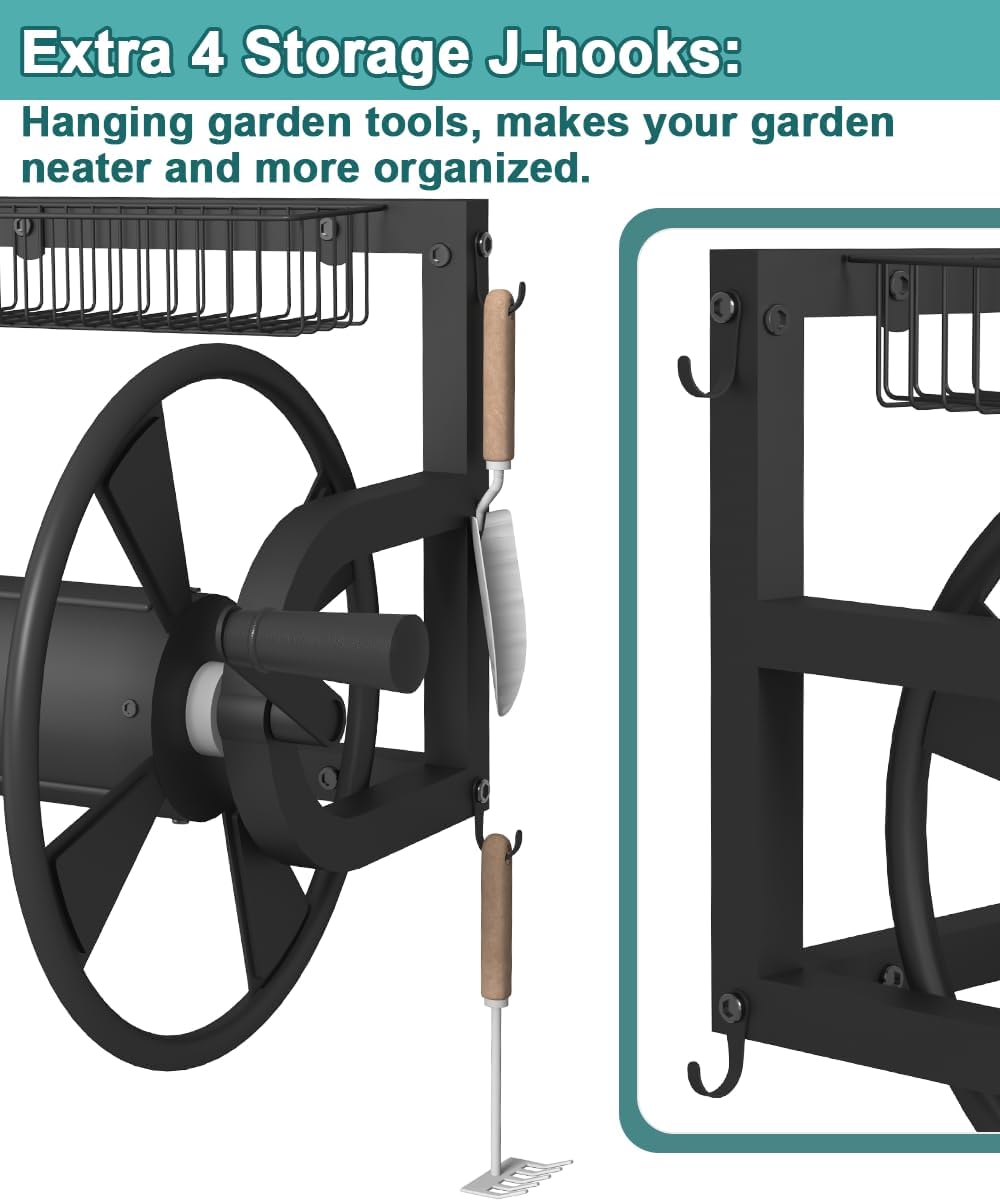 Outdoor Wall Mounted Hose Reel with Hook, Garden Heavy-Duty Water Holder Winder with 3.9 ft Leader Hoses, Brass Fitting and Storage Basket for Yard, Holds 125 Ft of 5/8-Inch Hose, Black