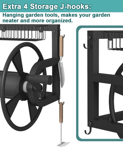 Outdoor Wall Mounted Hose Reel with Hook, Garden Heavy-Duty Water Holder Winder with 3.9 ft Leader Hoses, Brass Fitting and Storage Basket for Yard, Holds 125 Ft of 5/8-Inch Hose, Black