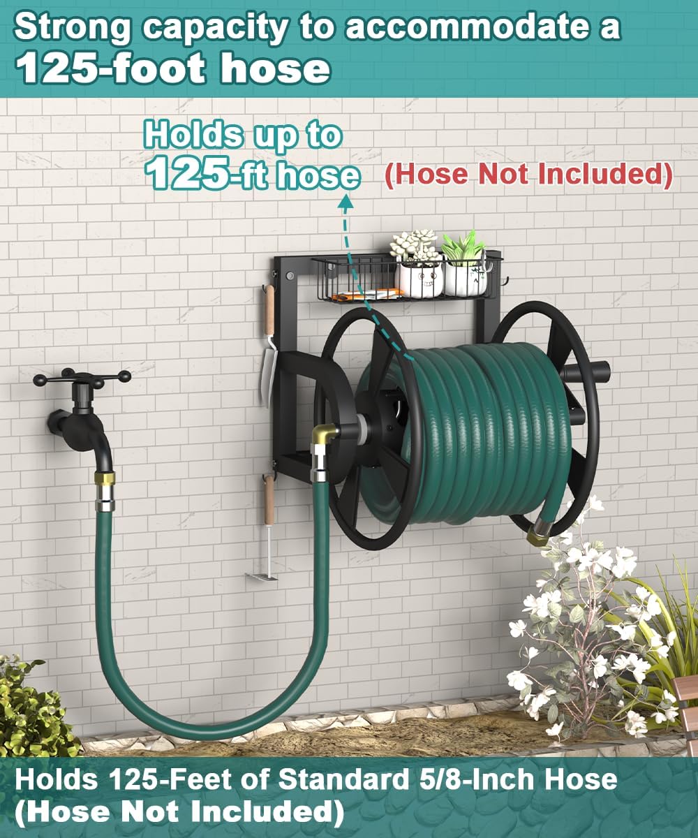 Outdoor Wall Mounted Hose Reel with Hook, Garden Heavy-Duty Water Holder Winder with 3.9 ft Leader Hoses, Brass Fitting and Storage Basket for Yard, Holds 125 Ft of 5/8-Inch Hose, Black
