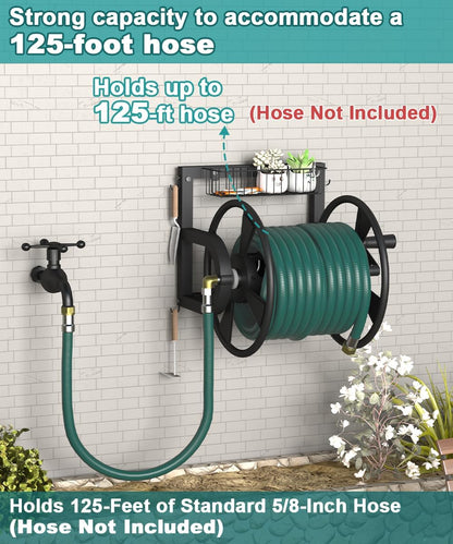 Outdoor Wall Mounted Hose Reel with Hook, Garden Heavy-Duty Water Holder Winder with 3.9 ft Leader Hoses, Brass Fitting and Storage Basket for Yard, Holds 125 Ft of 5/8-Inch Hose, Black