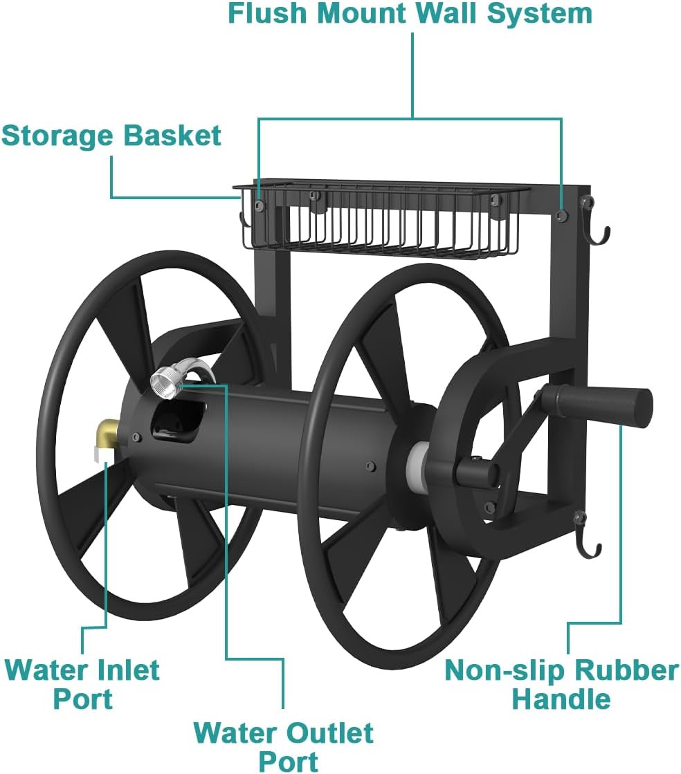 Outdoor Wall Mounted Hose Reel with Hook, Garden Heavy-Duty Water Holder Winder with 3.9 ft Leader Hoses, Brass Fitting and Storage Basket for Yard, Holds 125 Ft of 5/8-Inch Hose, Black