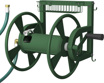 Outdoor Wall Mounted Hose Reel with Hook, Garden Heavy-Duty Water Holder Winder with 3.9 ft Leader Hoses, Brass Fitting and Storage Basket for Yard, Holds 125 Ft of 5/8-Inch Hose, Black