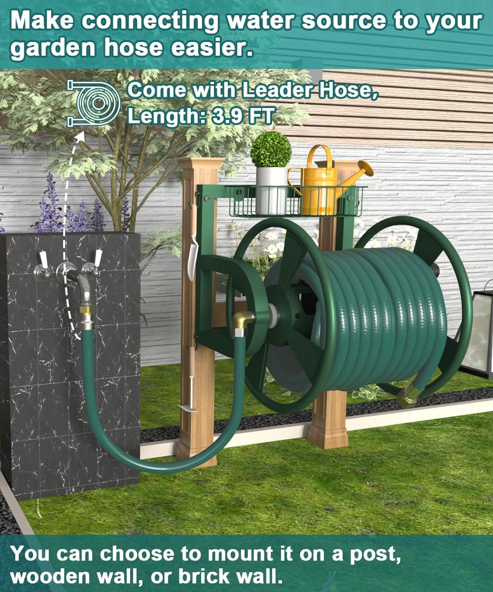 Outdoor Wall Mounted Hose Reel with Hook, Garden Heavy-Duty Water Holder Winder with 3.9 ft Leader Hoses, Brass Fitting and Storage Basket for Yard, Holds 125 Ft of 5/8-Inch Hose, Black