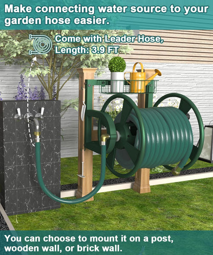 Outdoor Wall Mounted Hose Reel with Hook, Garden Heavy-Duty Water Holder Winder with 3.9 ft Leader Hoses, Brass Fitting and Storage Basket for Yard, Holds 125 Ft of 5/8-Inch Hose, Black