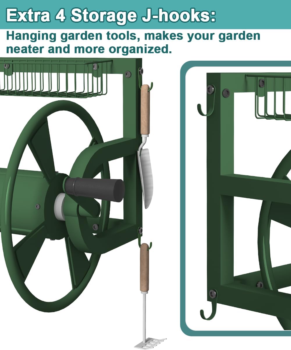 Outdoor Wall Mounted Hose Reel with Hook, Garden Heavy-Duty Water Holder Winder with 3.9 ft Leader Hoses, Brass Fitting and Storage Basket for Yard, Holds 125 Ft of 5/8-Inch Hose, Black