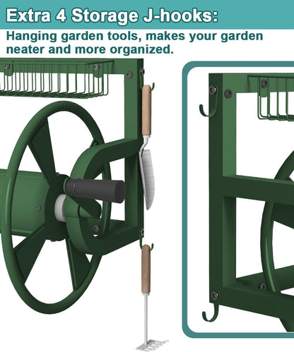 Outdoor Wall Mounted Hose Reel with Hook, Garden Heavy-Duty Water Holder Winder with 3.9 ft Leader Hoses, Brass Fitting and Storage Basket for Yard, Holds 125 Ft of 5/8-Inch Hose, Black