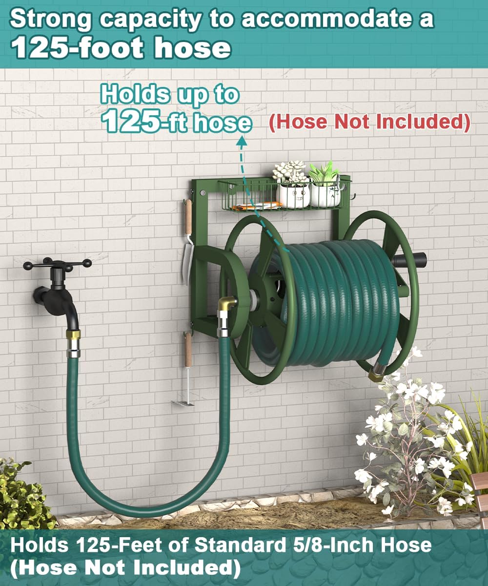 Outdoor Wall Mounted Hose Reel with Hook, Garden Heavy-Duty Water Holder Winder with 3.9 ft Leader Hoses, Brass Fitting and Storage Basket for Yard, Holds 125 Ft of 5/8-Inch Hose, Black