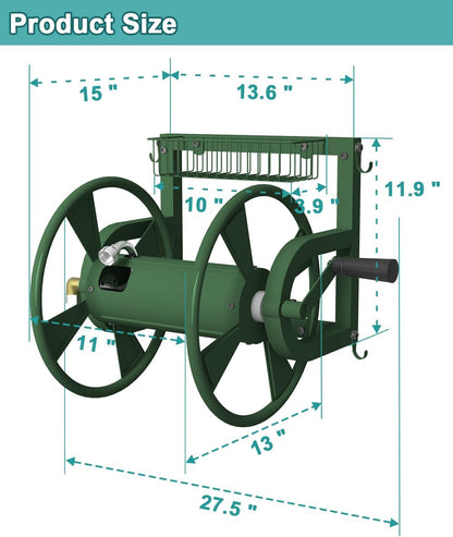 Outdoor Wall Mounted Hose Reel with Hook, Garden Heavy-Duty Water Holder Winder with 3.9 ft Leader Hoses, Brass Fitting and Storage Basket for Yard, Holds 125 Ft of 5/8-Inch Hose, Black