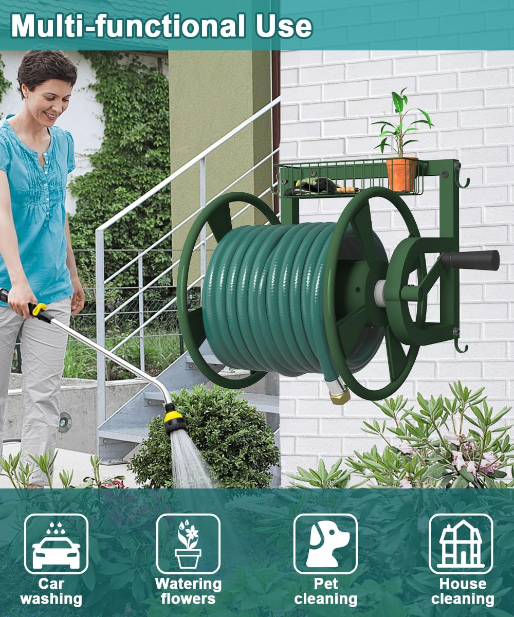 Outdoor Wall Mounted Hose Reel with Hook, Garden Heavy-Duty Water Holder Winder with 3.9 ft Leader Hoses, Brass Fitting and Storage Basket for Yard, Holds 125 Ft of 5/8-Inch Hose, Black