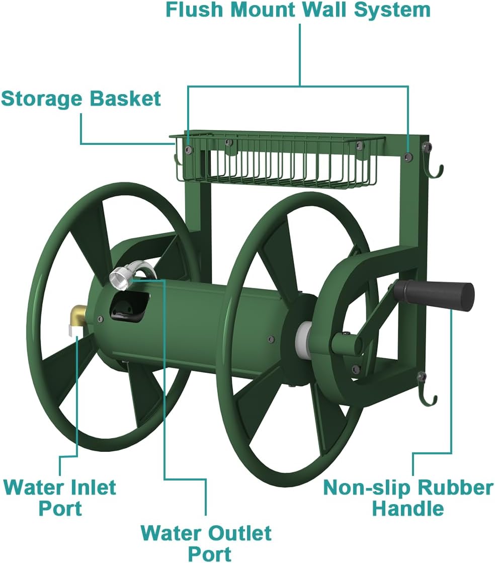 Outdoor Wall Mounted Hose Reel with Hook, Garden Heavy-Duty Water Holder Winder with 3.9 ft Leader Hoses, Brass Fitting and Storage Basket for Yard, Holds 125 Ft of 5/8-Inch Hose, Black