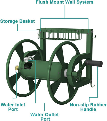 Outdoor Wall Mounted Hose Reel with Hook, Garden Heavy-Duty Water Holder Winder with 3.9 ft Leader Hoses, Brass Fitting and Storage Basket for Yard, Holds 125 Ft of 5/8-Inch Hose, Black