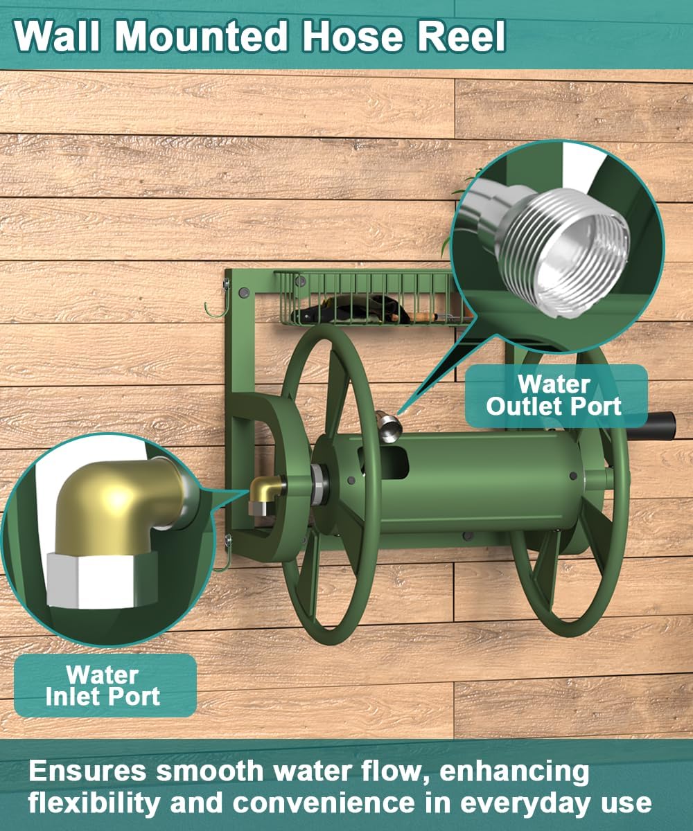 Outdoor Wall Mounted Hose Reel with Hook, Garden Heavy-Duty Water Holder Winder with 3.9 ft Leader Hoses, Brass Fitting and Storage Basket for Yard, Holds 125 Ft of 5/8-Inch Hose, Black