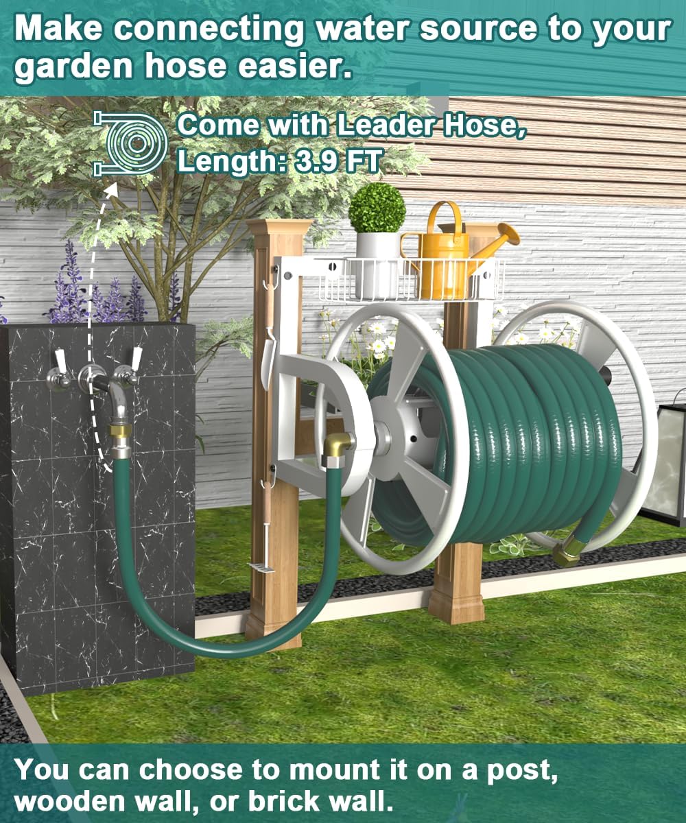 Outdoor Wall Mounted Hose Reel with Hook, Garden Heavy-Duty Water Holder Winder with 3.9 ft Leader Hoses, Brass Fitting and Storage Basket for Yard, Holds 125 Ft of 5/8-Inch Hose, Black