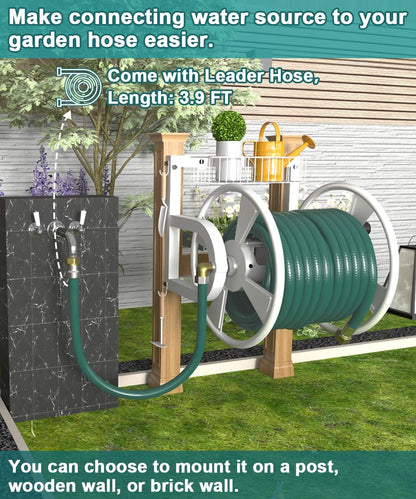 Outdoor Wall Mounted Hose Reel with Hook, Garden Heavy-Duty Water Holder Winder with 3.9 ft Leader Hoses, Brass Fitting and Storage Basket for Yard, Holds 125 Ft of 5/8-Inch Hose, Black