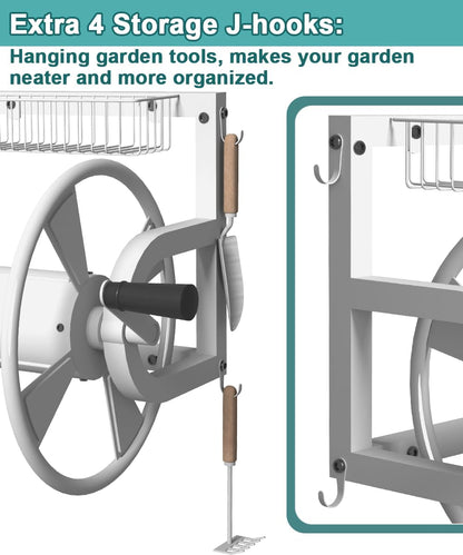 Outdoor Wall Mounted Hose Reel with Hook, Garden Heavy-Duty Water Holder Winder with 3.9 ft Leader Hoses, Brass Fitting and Storage Basket for Yard, Holds 125 Ft of 5/8-Inch Hose, Black