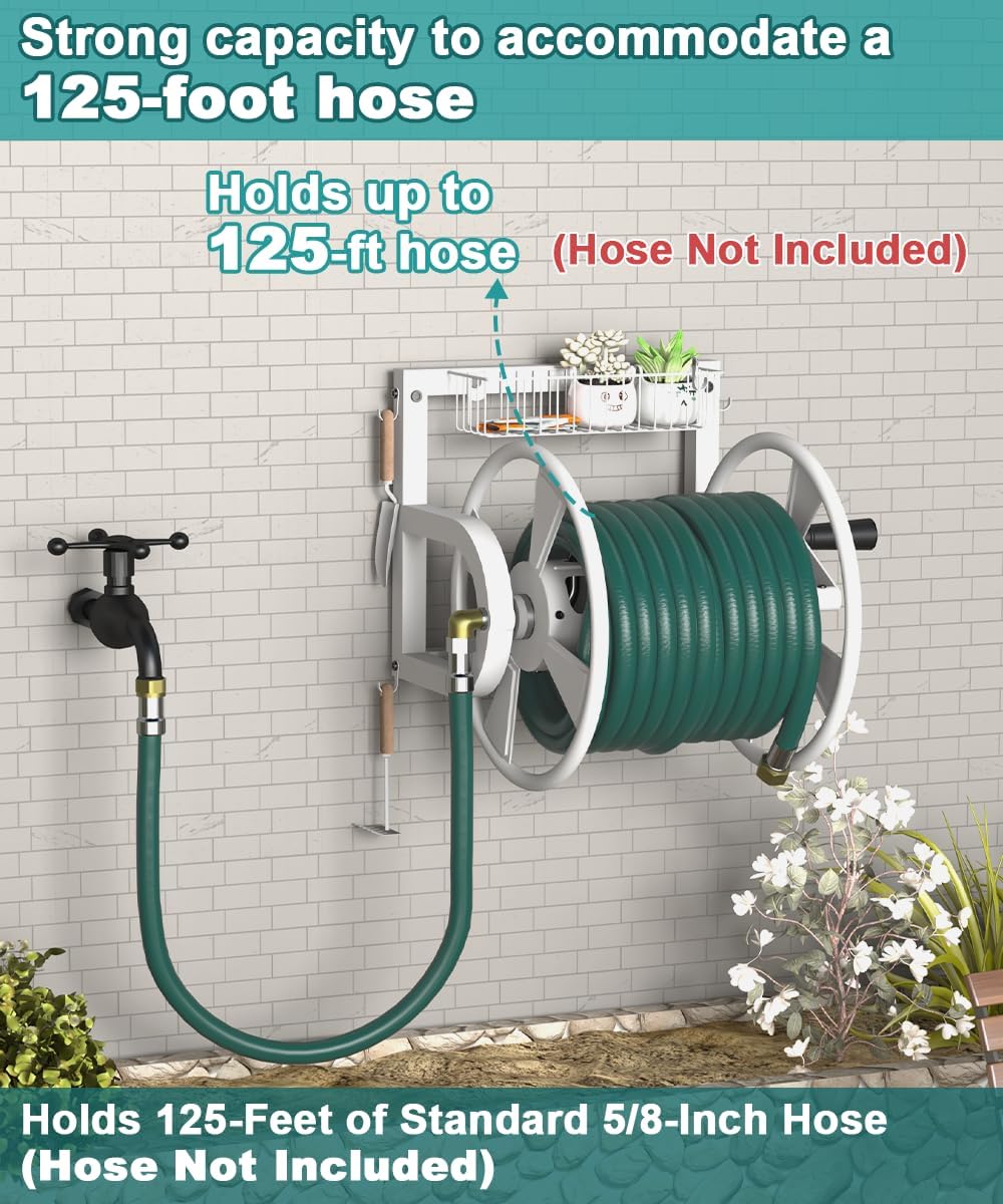 Outdoor Wall Mounted Hose Reel with Hook, Garden Heavy-Duty Water Holder Winder with 3.9 ft Leader Hoses, Brass Fitting and Storage Basket for Yard, Holds 125 Ft of 5/8-Inch Hose, Black