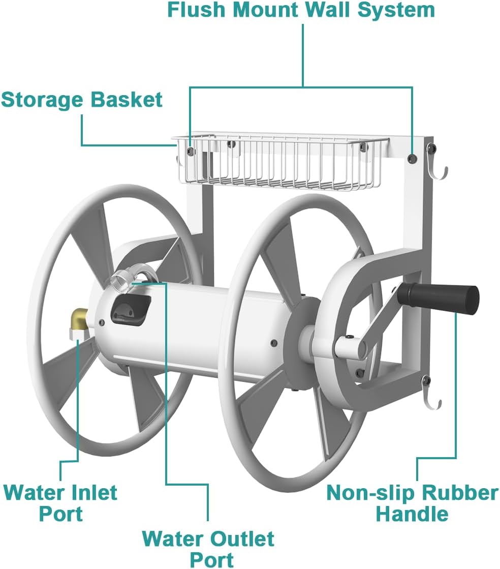 Outdoor Wall Mounted Hose Reel with Hook, Garden Heavy-Duty Water Holder Winder with 3.9 ft Leader Hoses, Brass Fitting and Storage Basket for Yard, Holds 125 Ft of 5/8-Inch Hose, Black