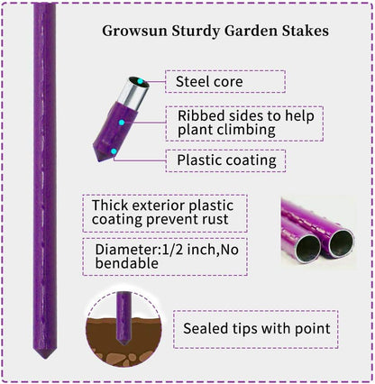 Large Tomato Cage 6 Pack Upto 73 inch Tall Tomato Trellis Garden Stakes Plant Support,Purple(5ft Stake add 18 inch Adjustable Stakes)
