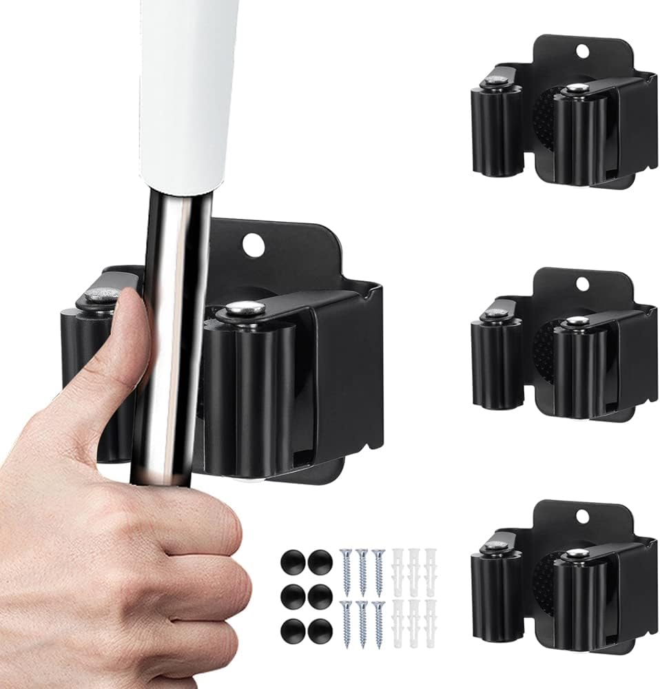 6PCS Broom and Mop Holder, Heavy Duty Garden Tool Organizer Rack Rake and Shovel Handle, Stainless Steel Mop Hanger. Screws for Wall Mounted. Matte Black