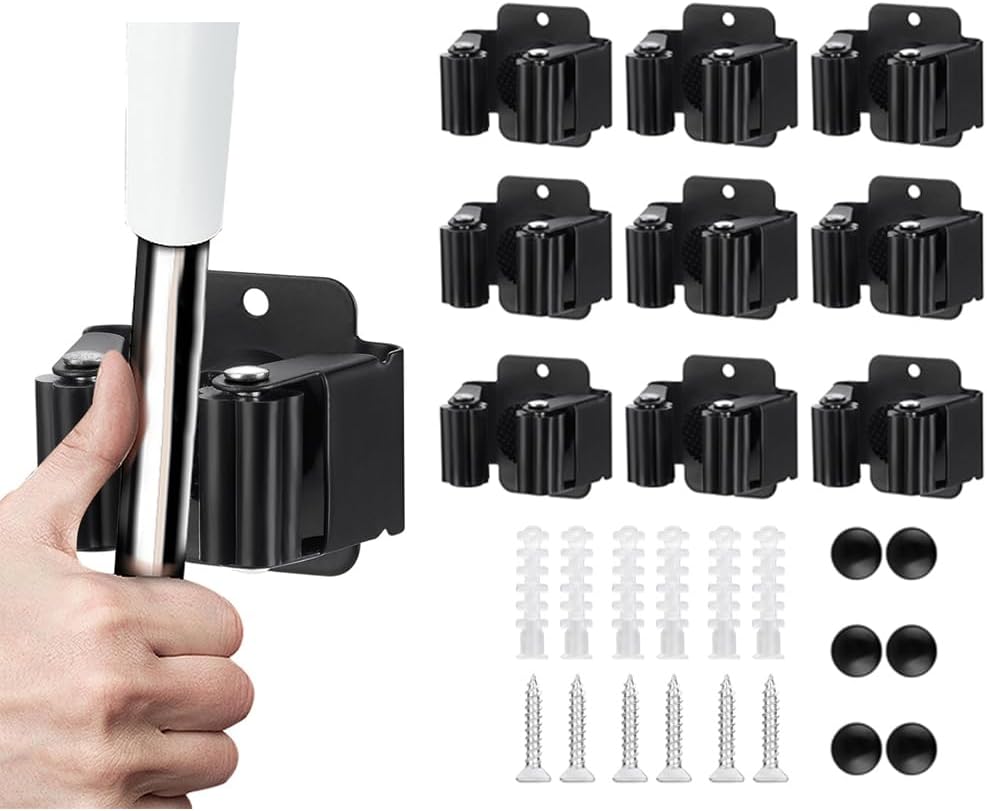 6PCS Broom and Mop Holder, Heavy Duty Garden Tool Organizer Rack Rake and Shovel Handle, Stainless Steel Mop Hanger. Screws for Wall Mounted. Matte Black